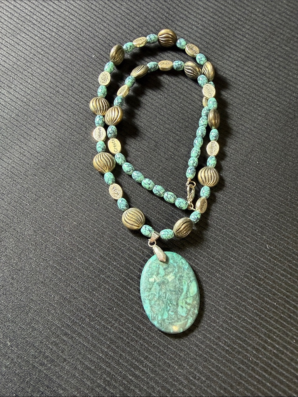 Turquoise Bead Necklace with Oval Stone Pendant